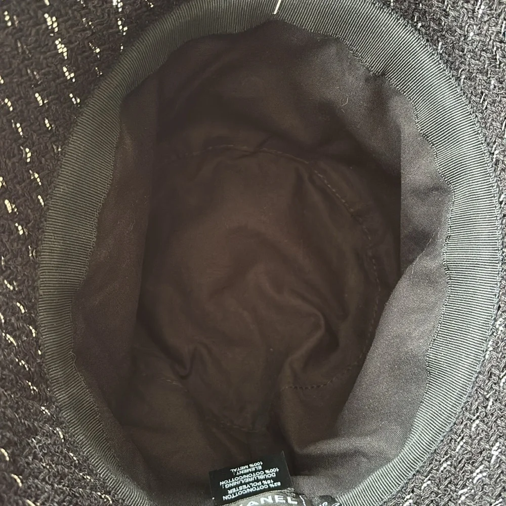 EUC CHANEL women’s bucket hat in black with silver metallic flecks size s